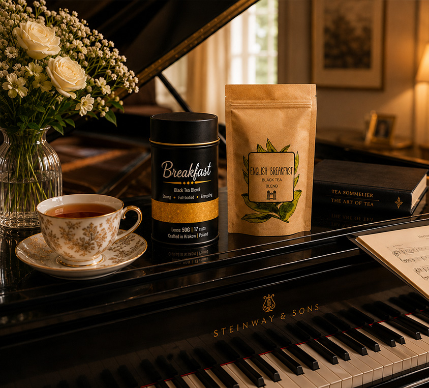 English Breakfast Leo Tea – elegancka puszka, doypack i kubek prezentowy